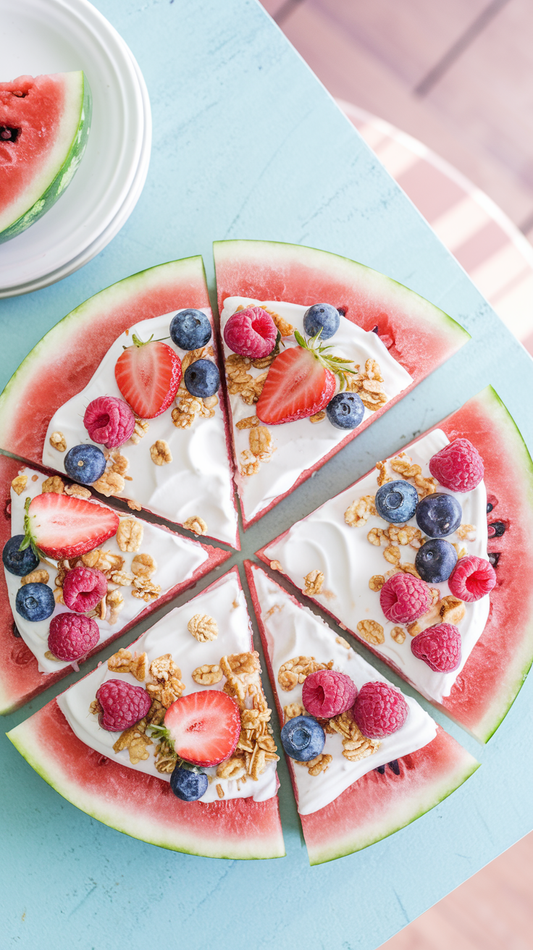 Watermelon Pizza on a plate with fruit, yogurt, and granola